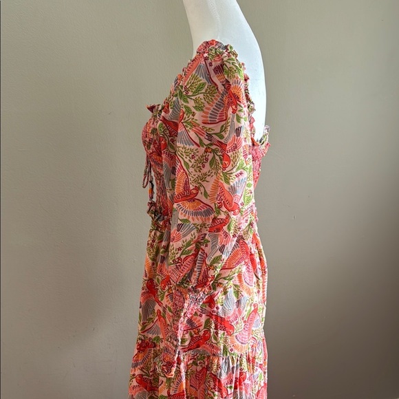 Farm Rio Macaw Flight Tiered Printed Cotton Smocked Floral Midi Dress Size M - Picture 9 of 17